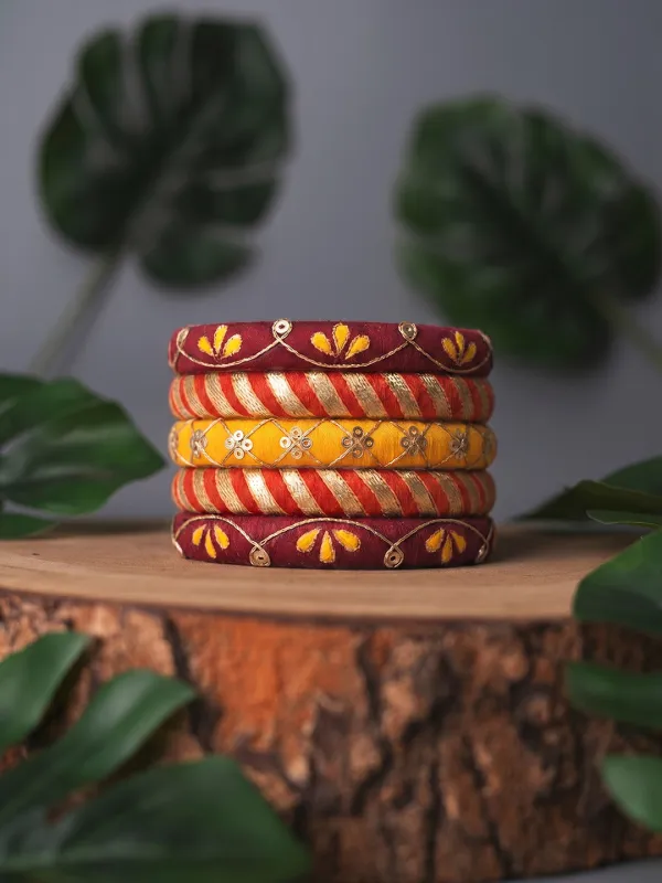 Dipika Handpainted Gotapatti Bangles - Yellow, Red & Maroon